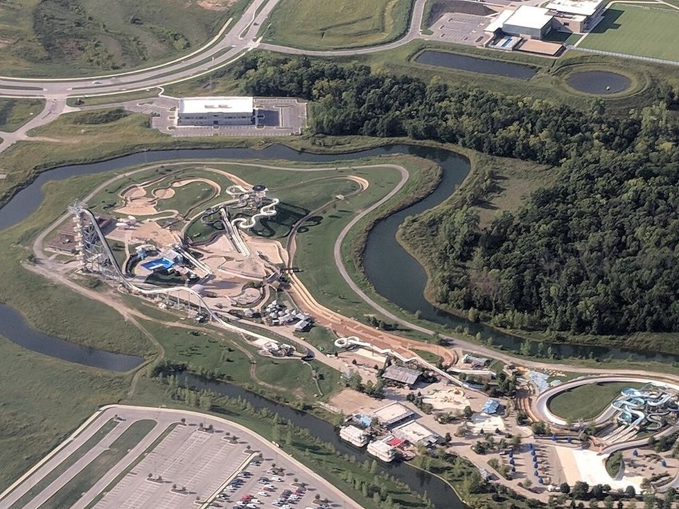 Aerial view of Schlitterbahn Kansas City with slides and pools surrounded by greenery.