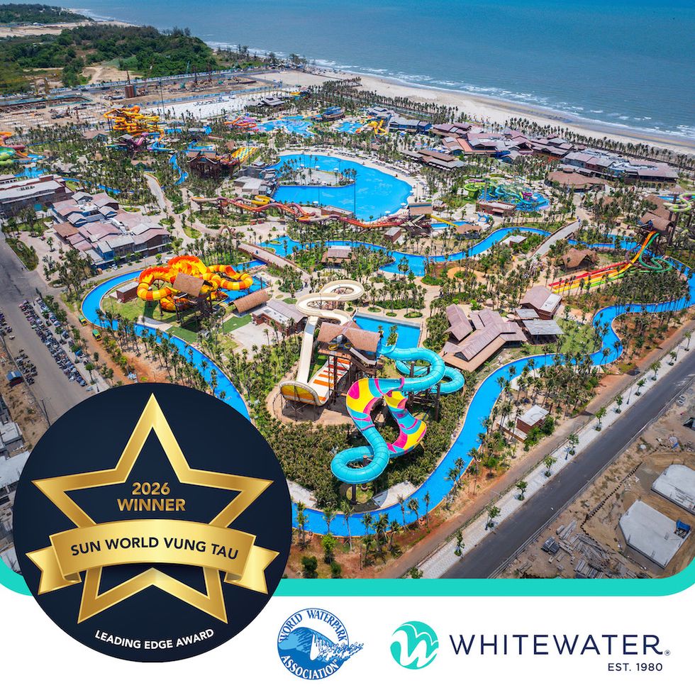 Aerial view of Sun World Vung Tau water park by the ocean, with award logo overlay.