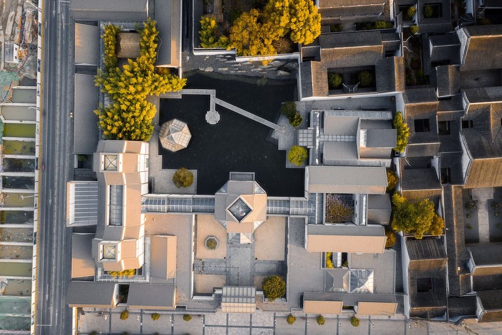 Aerial view of Suzhou Museum and the street in old city in Suzhou, China