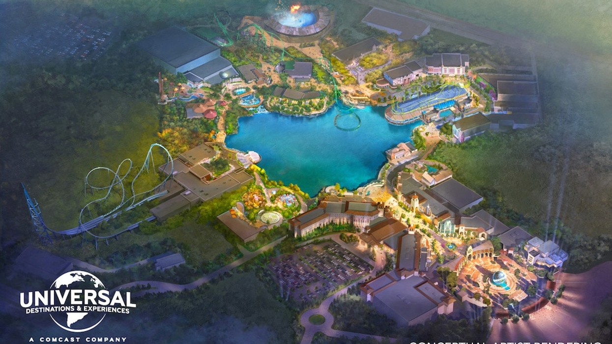Aerial view of Universal UK theme park concept with lake and attractions