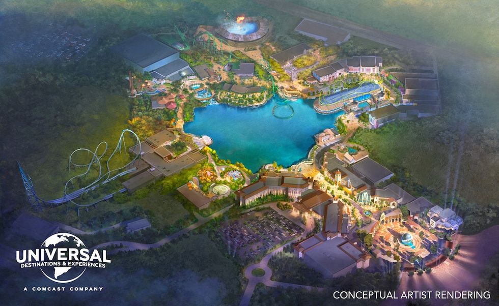 Aerial view of Universal UK theme park concept with lake and attractions.