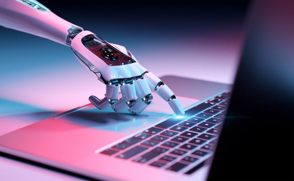 AI Robotic cyborg hand pressing a keyboard on a laptop 3D rendering