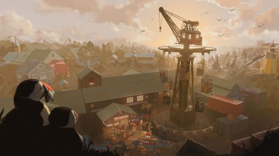 Amusement park at sunset with puffins and a crane ride in a bustling village setting.