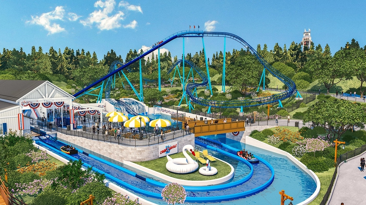 Amusement park called Holiday World with water ride, colorful umbrellas, and blue roller coaster.