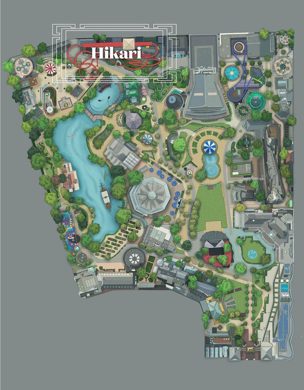 Amusement park map with winding paths, lakes, and various attractions labelled "Hikari."