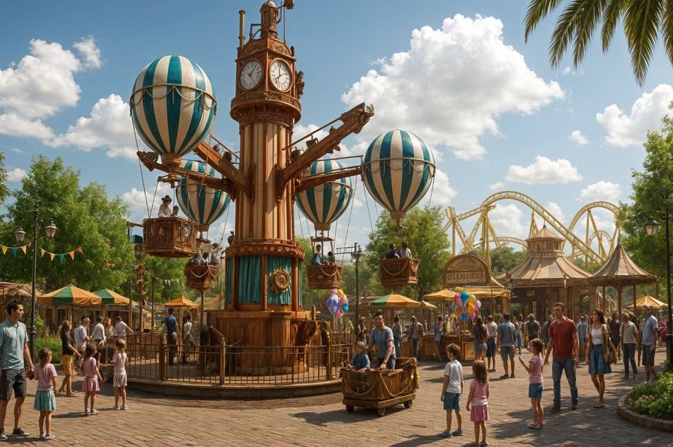 Amusement park ride with hot air balloon gondolas and a clock tower, surrounded by visitors.