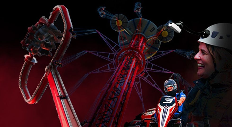 Amusement park rides and smiling woman wearing a \u200bViewpoint Video helmet against a dark background.