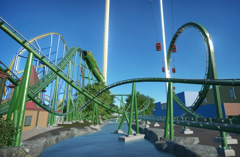 Amusement park roller coaster with green tracks and a cable car overhead - virtual reconstruction from closed AstroWorld park