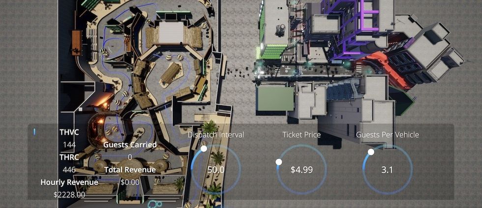 An overhead view of a 3D model in Worldbuildr showcases how users can calculate THRC, estimate hourly revenue for an attraction, and test different scenarios to optimize results. 3D model courtesy of FrankNDesign