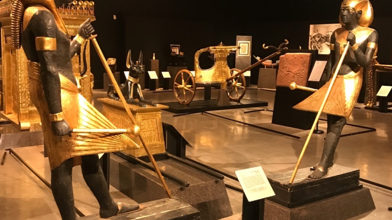 Ancient Egyptian artifacts: statues, chariot, and a jackal figure in a museum display.