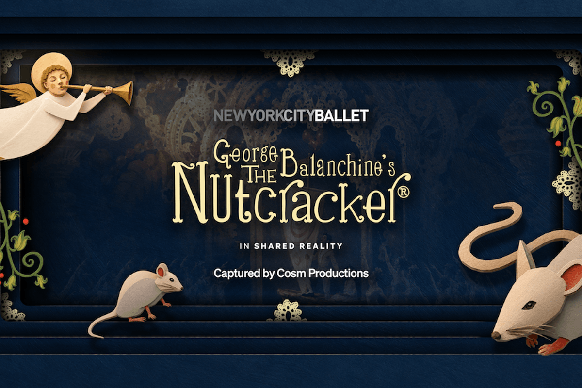 Angel, mouse, and text promoting "George Balanchine's The Nutcracker" by NYC Ballet.