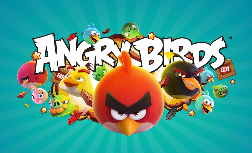 Angry Birds characters flying around the logo against a blue radial background.