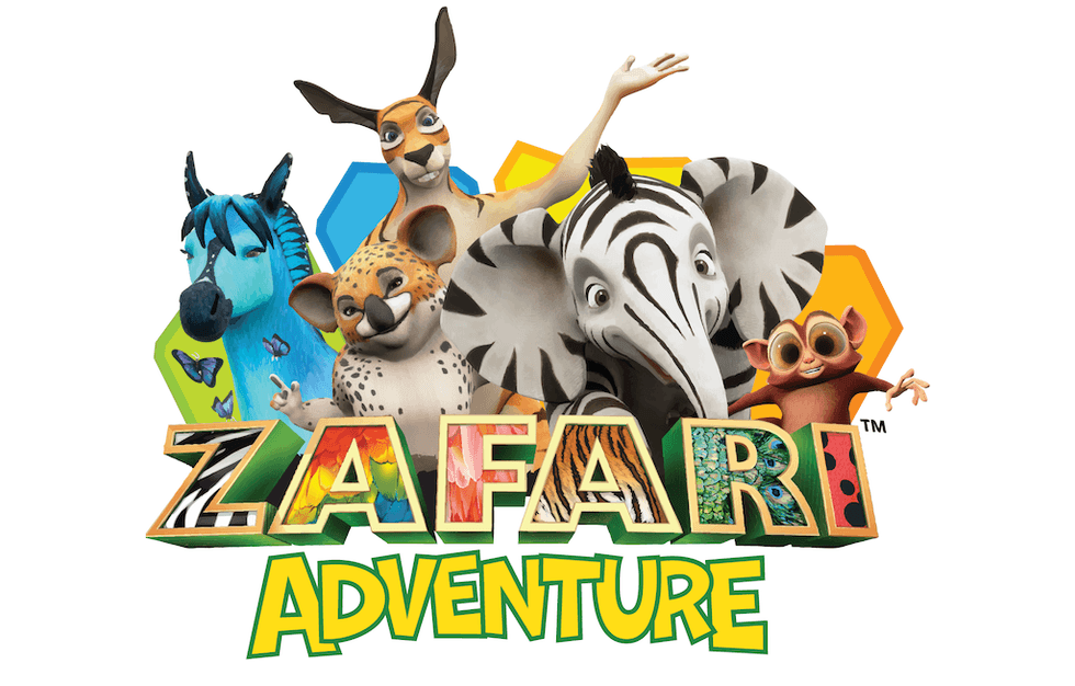 Animated animals above "Zafari Adventure" title with colorful backgrounds.