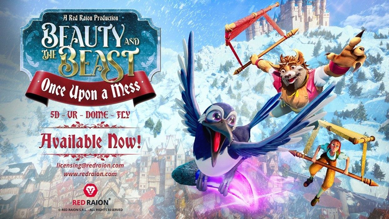 Animated characters flying with contraptions in a snowy landscape, promoting "Beauty and the Beast - Once Upon a Mess"."