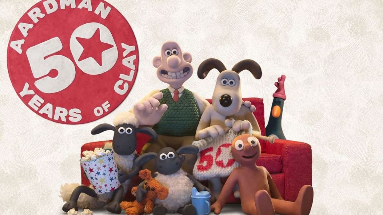 Animated clay characters celebrate Aardman’s 50th anniversary with popcorn and a red sofa.