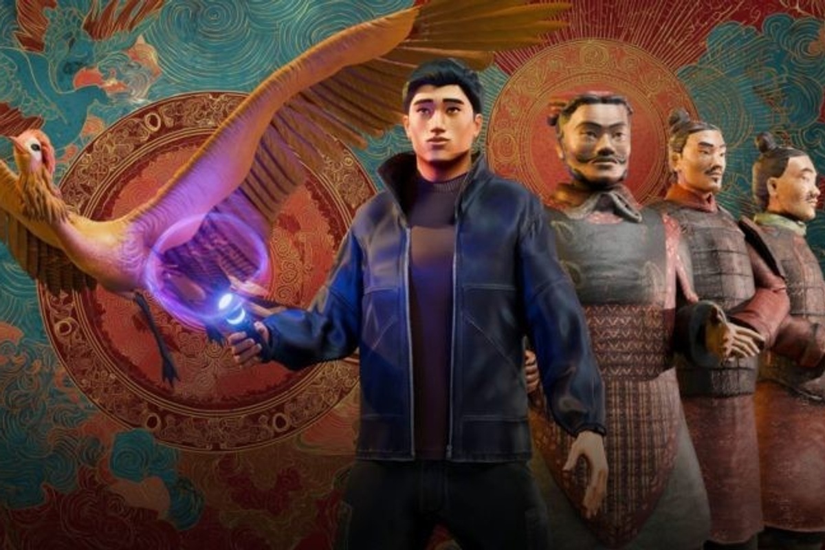 Animated figure holds glowing orb with crane, standing before terracotta warriors.