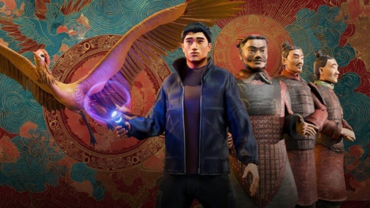 Animated figure holds glowing orb with crane, standing before terracotta warriors.