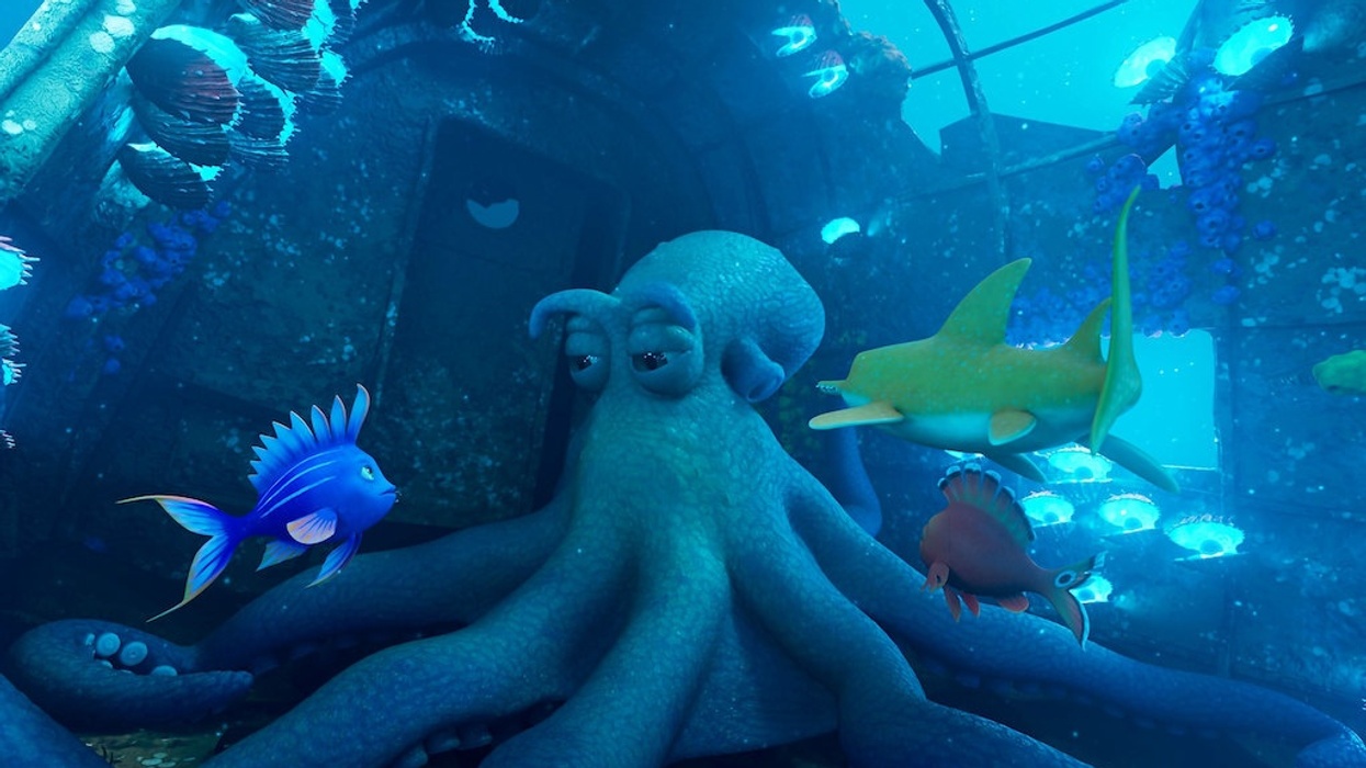 Animated octopus and fish inside a sunken ship underwater.