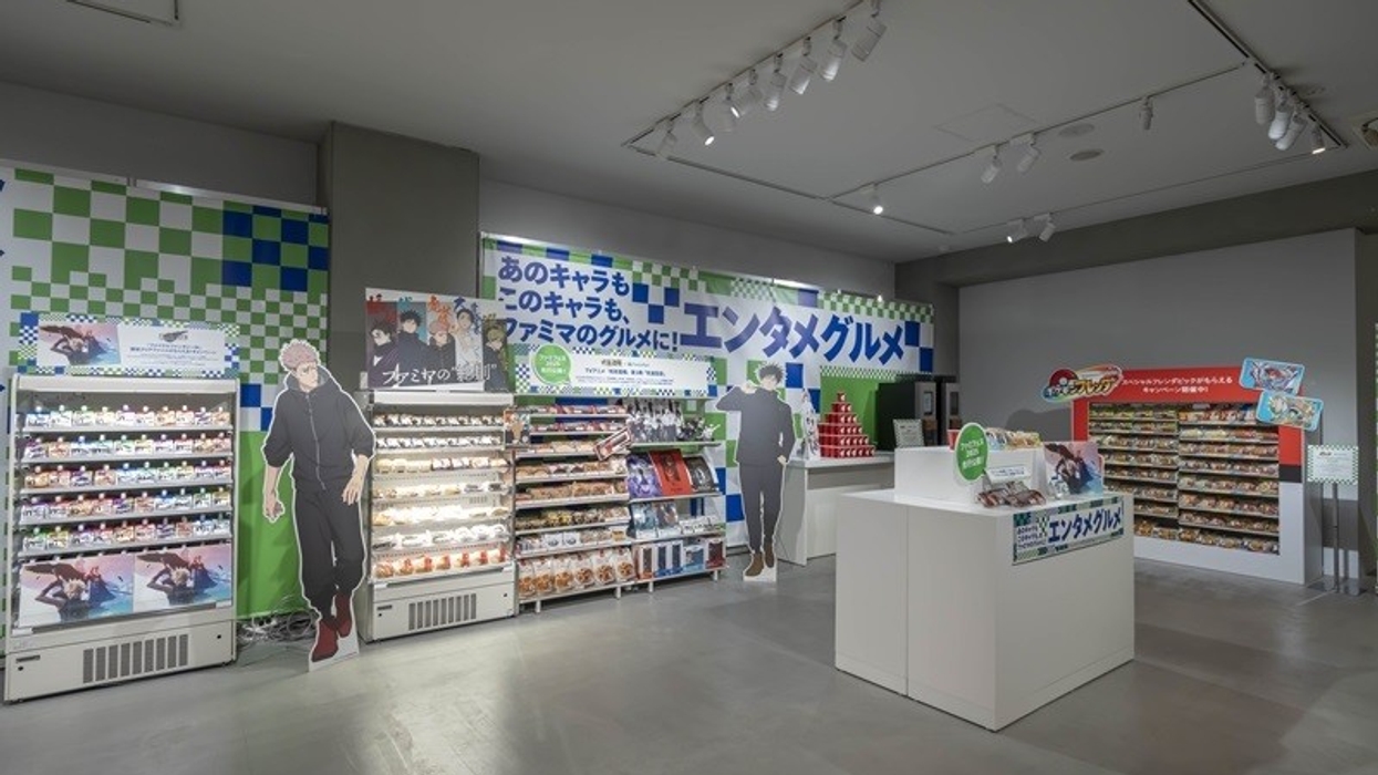 Anime-themed store with character cutouts, merchandise, and checkered decor.