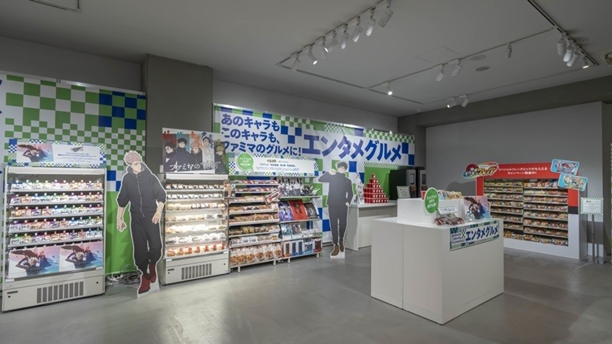 Anime-themed store with character cutouts, merchandise, and checkered decor.