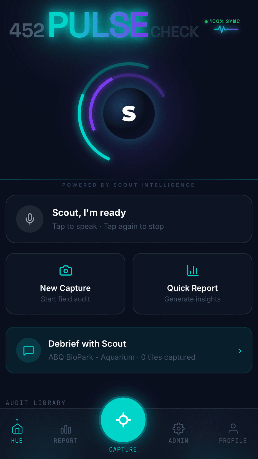 App interface with pulse check, voice command, and audit options.
