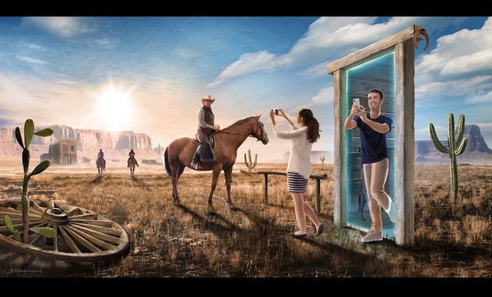 ar portal cowboy in desert being photographed