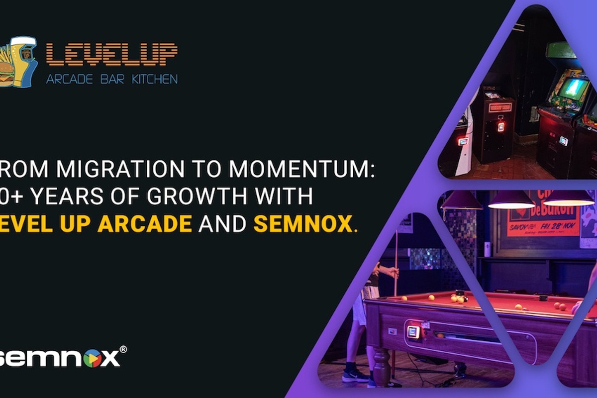 Arcade and pool table with text about Level Up Arcade and Semnox growth.