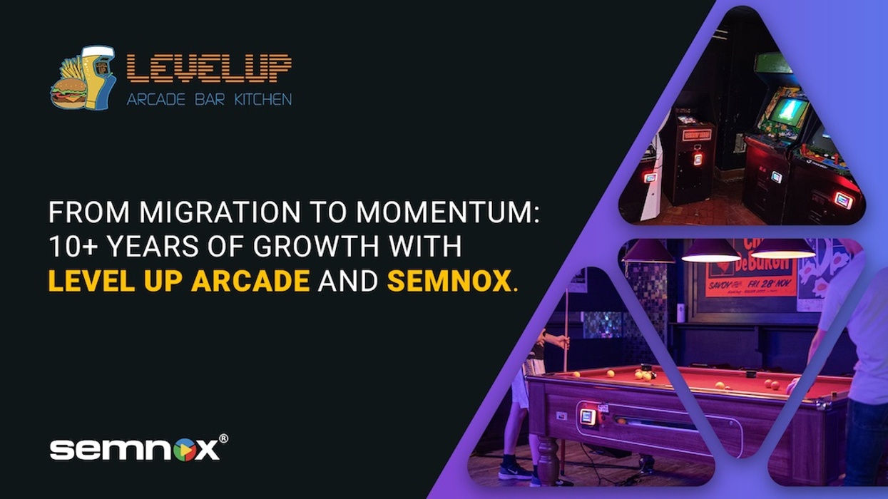 Arcade and pool table with text about Level Up Arcade and Semnox growth.