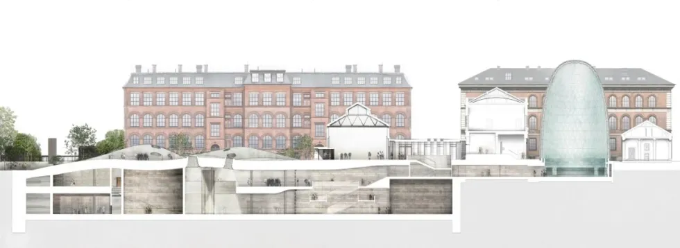Architectural cross-section of historic building with modern underground extension.