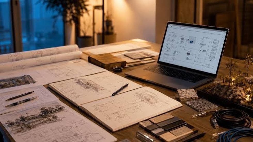 Architectural workspace with laptop, sketches, and model.