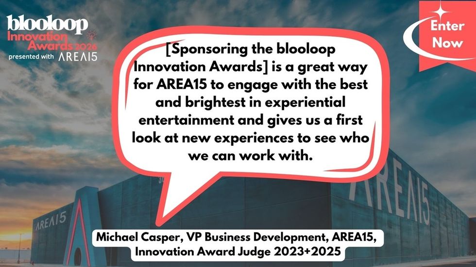 AREA15 building with blooloop Innovation Awards 2024 text and quote by Michael Casper.