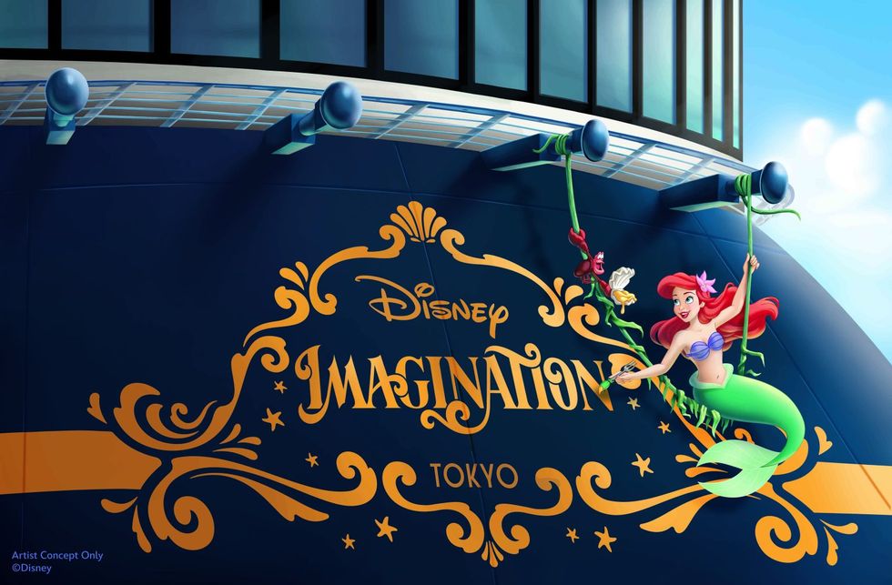 Ariel and characters swing on a Disney Imagination Tokyo ship mural.