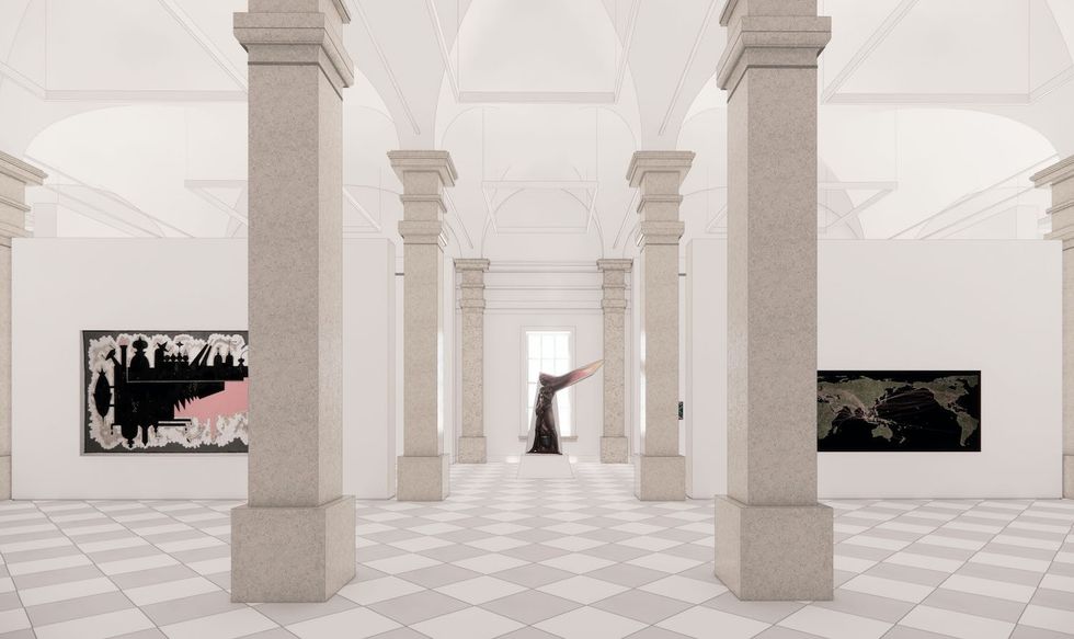 Art gallery with columns, checkered floor, and abstract paintings on white walls at Smithsonian American Art Museum