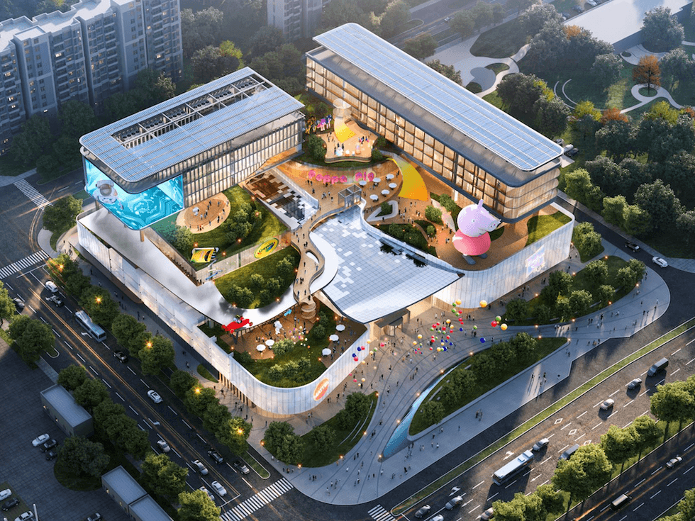 Artist rendering - Aerial view of Top Park futuristic FEC with outdoor terraces and a large Peppa Pig statue.
