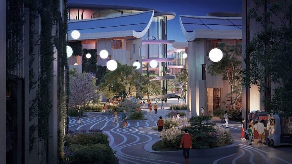 Artist rendering of a plaza at Woven City
