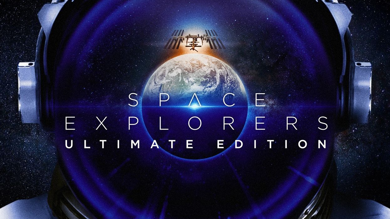 Astronaut helmet reflecting Earth with "Space Explorers Ultimate Edition" text overlay.