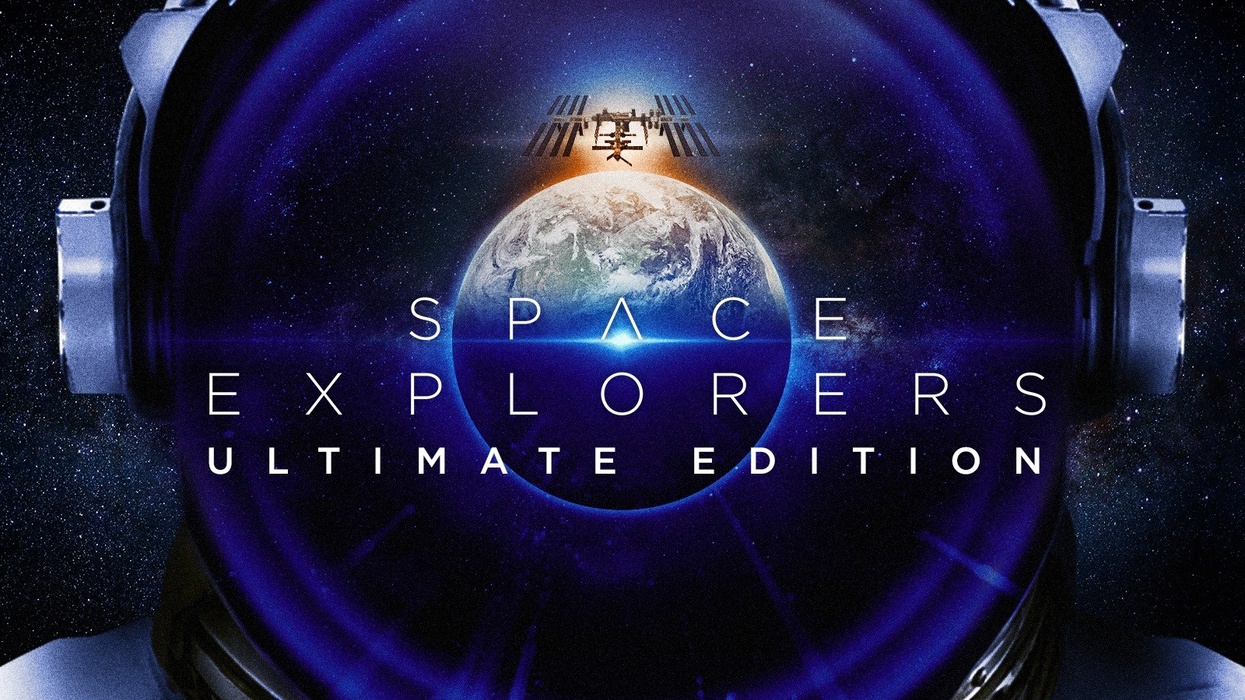Astronaut helmet reflecting Earth with "Space Explorers Ultimate Edition" text overlay.