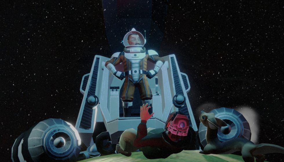 Astronaut observes a fallen person and creature in a starry space scene.