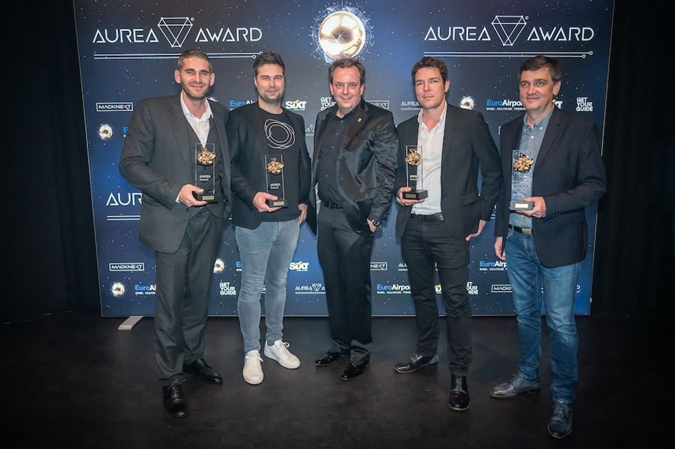 AUREA Award winners Sven Bliedung (Volucap), Nils Wollny (Holoride), Leif Arne Petersen (Hologate), Nino Sapina (Realcast) together with host Michael Mack (middle)