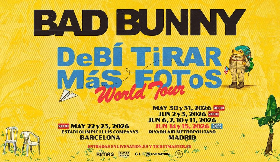Bad Bunny "DeB\u00ed Tirar M\u00e1s Fotos" World Tour dates and locations poster.