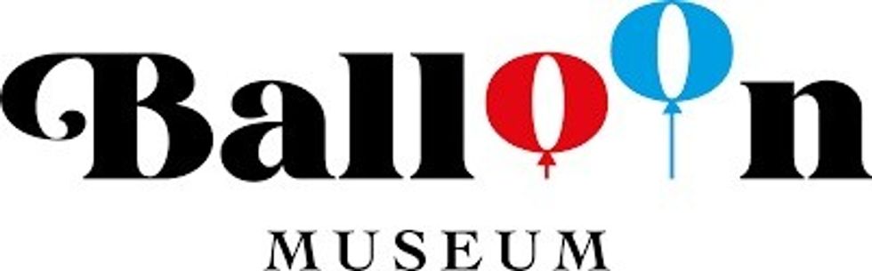 "Balloon Museum logo with red and blue balloon-shaped 'o's."
