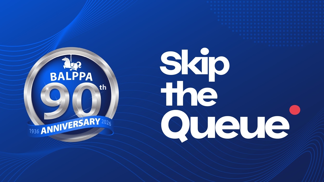 BALPPA 90th Anniversary logo with "Skip the Queue" text on blue background.