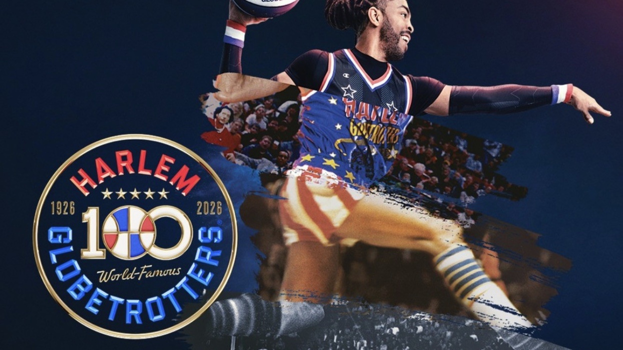 Basketball player jumps with a ball; "The 100 Year Tour" text and Harlem Globetrotters logo.