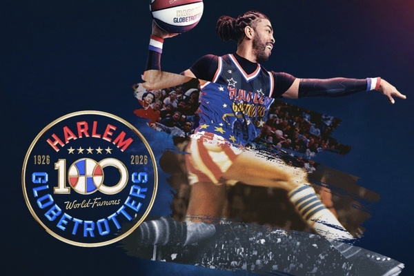 Basketball player jumps with a ball; "The 100 Year Tour" text and Harlem Globetrotters logo.