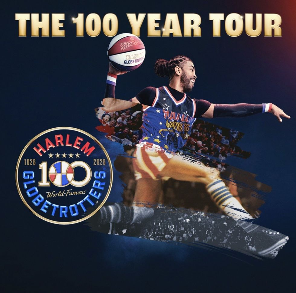 Basketball player jumps with a ball; "The 100 Year Tour" text and Harlem Globetrotters logo.