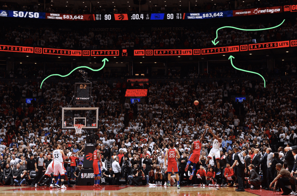Basketball shot at buzzer; Raptors vs. Sixers; crowd watches intensely; "Let's Go Raptors" sign.