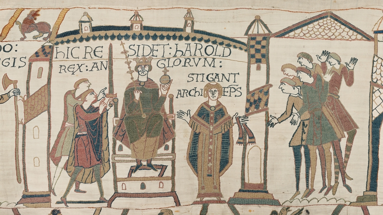 Bayeux Tapestry depicting a king seated on a throne, surrounded by attendants.