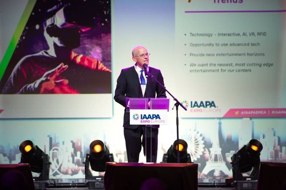 Bill Ernest, CEO of SEVEN, announcing the company's projects at IAAPA Expo Europe 2019