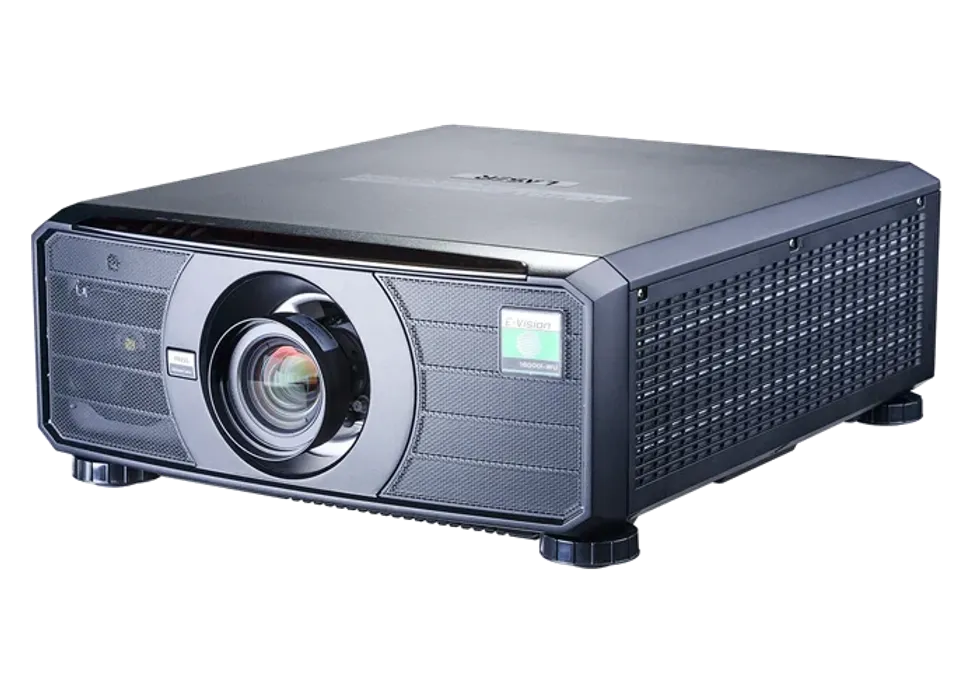 Black projector with a prominent lens and side ventilation.