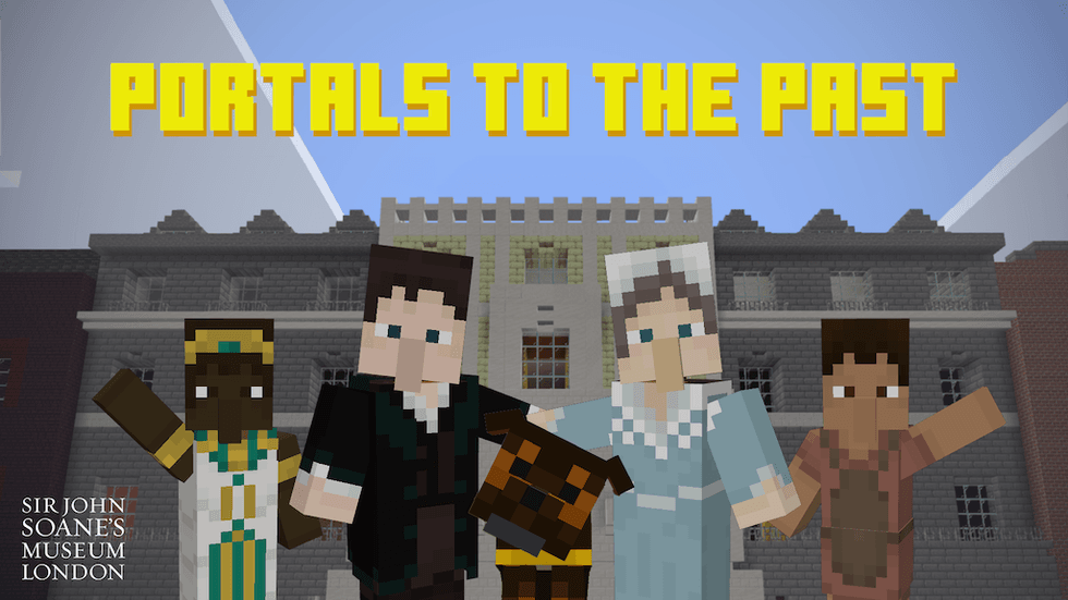 Blocky characters in historical outfits by a building, "Portals to the Past" text above.
